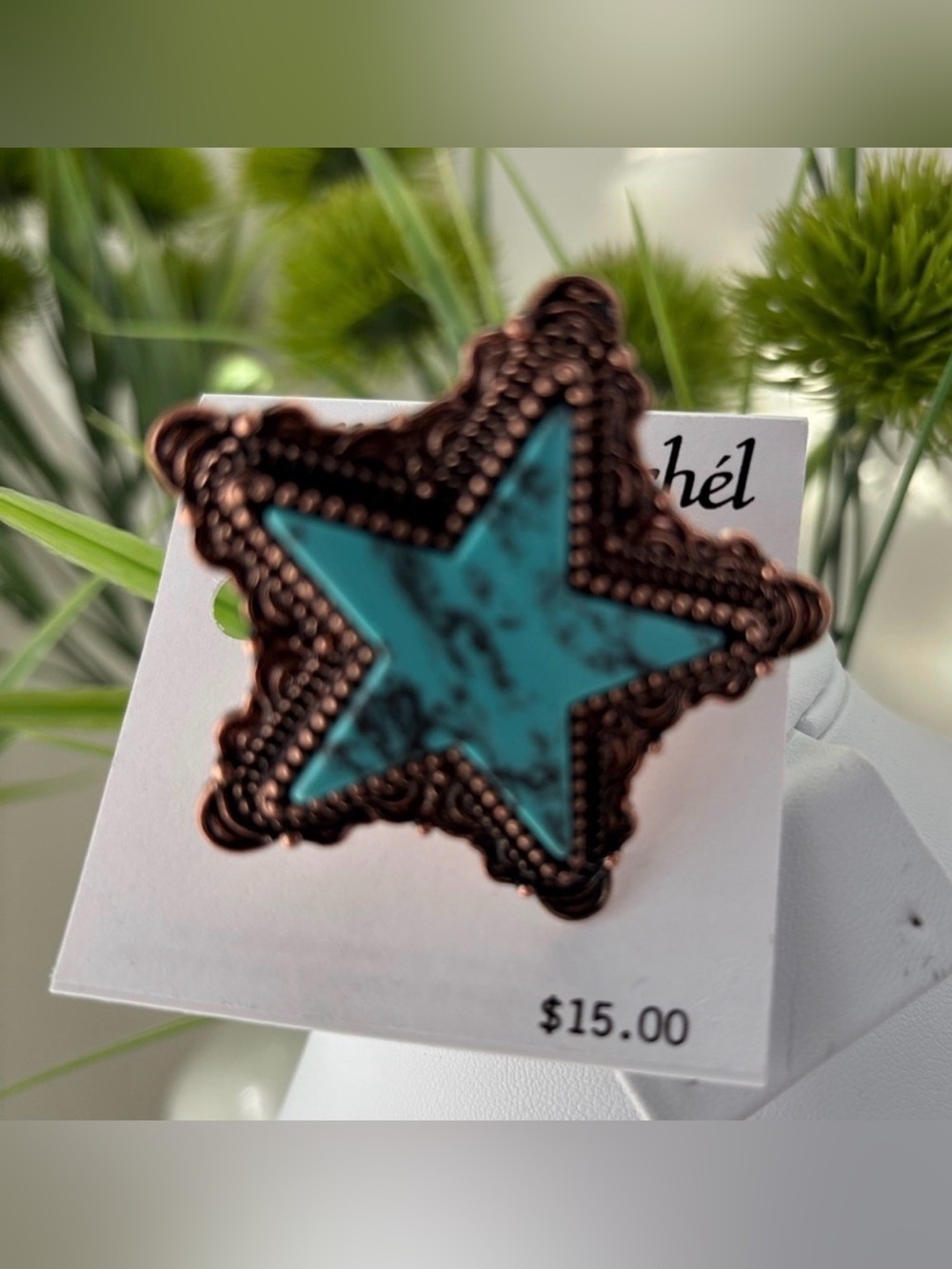 Jillian Michel Star,double layer,intricate coppertone metal,turquoise,stretch